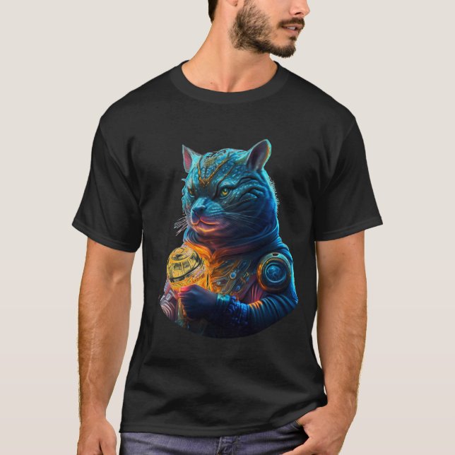 Camiseta Astronauta del gato del espacio azul sujeta el mód (Anverso)