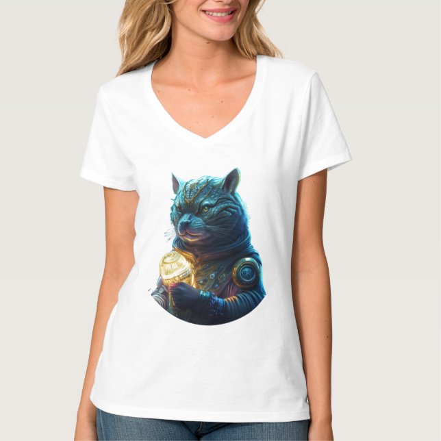 Camiseta Astronauta del gato del espacio azul sujeta el mód (Anverso)