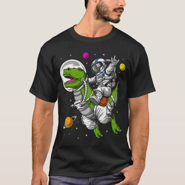 Camiseta Astronauta espacial montando dinosaurio T-Rex (Anverso)