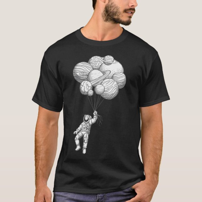 Camiseta Astronauta flotando con globos planetarios dibujad (Anverso)