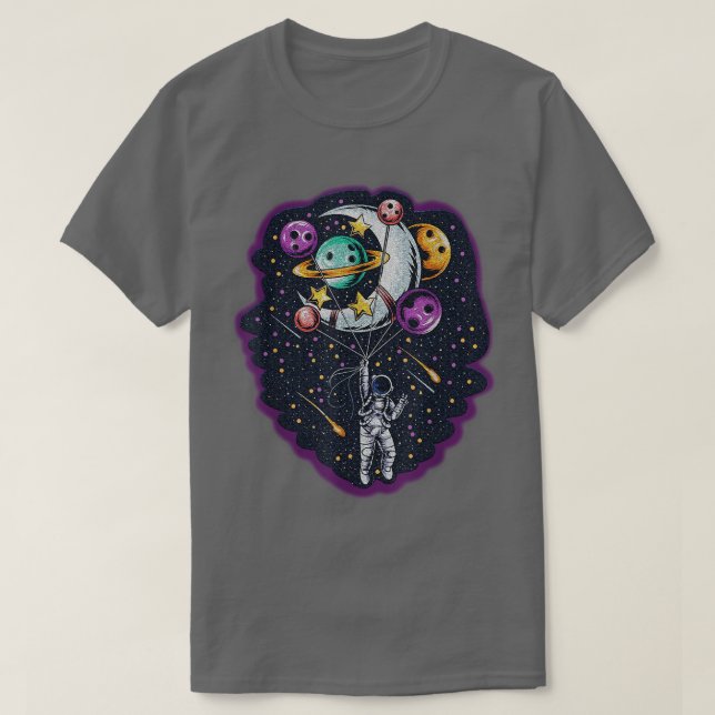 Camiseta Astronauta sobre planetas globos con estrellas y e (Diseño del anverso)