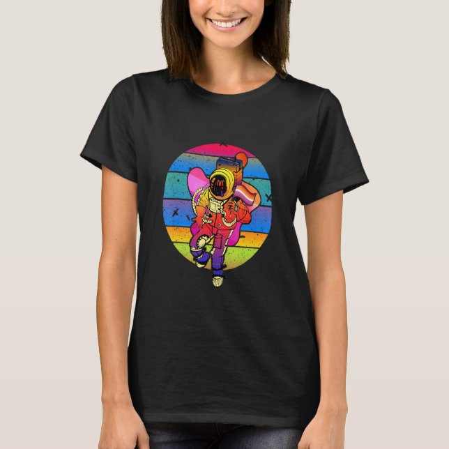 Camiseta Astronauta sostiene bandera de Lgbt Lesbian Orgull (Anverso)
