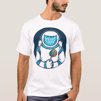 Camiseta Astronauta sostiene caramelos con galaxia y univer