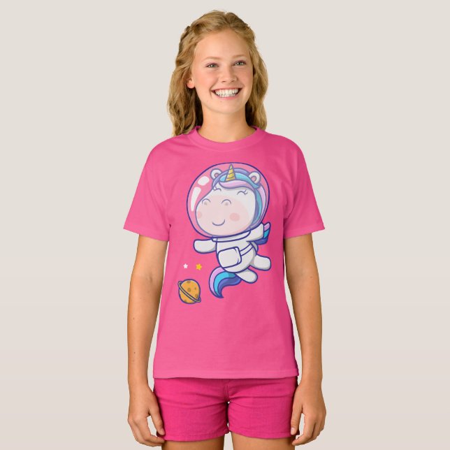 Camiseta Astronauta unicornio cutáneo flotando en el espaci (Anverso completo)