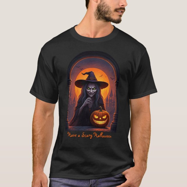 Camiseta Asustada bruja de Halloween y loca calabaza de son (Anverso)