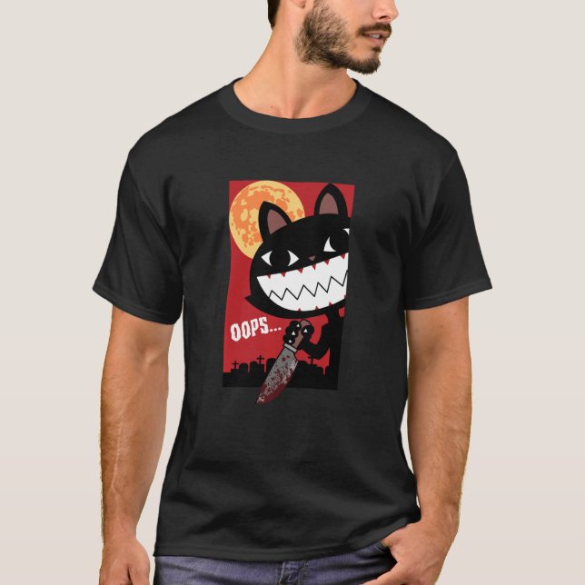 Camiseta Asustado Gato Negro Con Cuchillo Halloween Hallowe (Anverso)