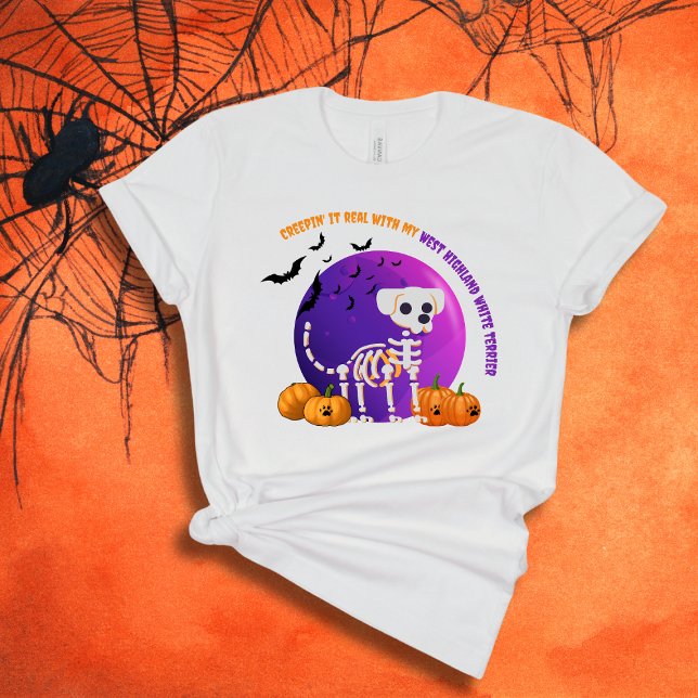 Camiseta Asustado West Highland White Terrier Halloween TSh (Spooky Halloween t-shirt with a dog skeleton, full moon, pumpkins, bats, and your favorite dog breed)