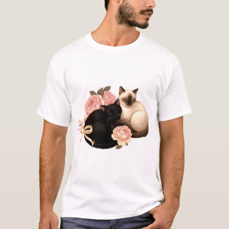 Camiseta Atados por el corazón: Gatos Siameses y Negros en 