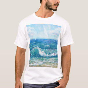 Camiseta Ataque de verano, olas azules, pintura acrílica.