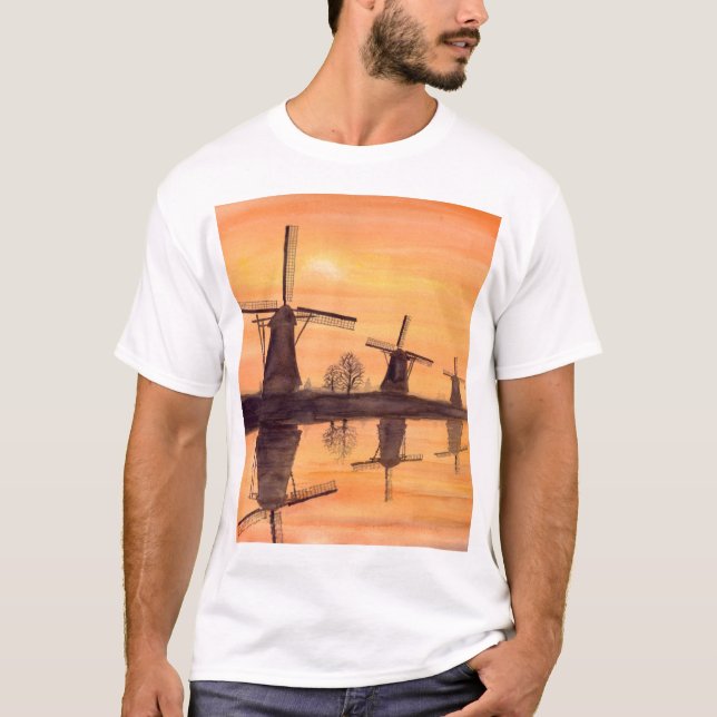 Camiseta Atardecer de molinos de viento - Pintura de acuare (Anverso)
