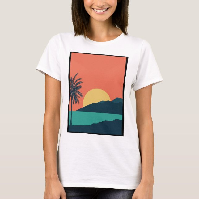 Camiseta Atardecer de palmera, Isla, Arte abstracto boho (Anverso)