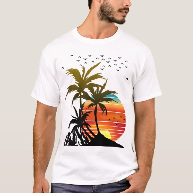 Camiseta Atardecer Montaña Palmeras Retro (Anverso)