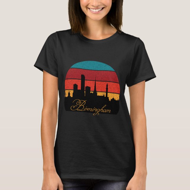 Camiseta Atardecer Retro de Birmingham Skyline Viaje (Anverso)