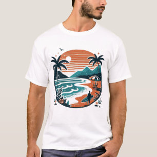 Camiseta Atardecer Retro de Olas de Playa & Palmeras