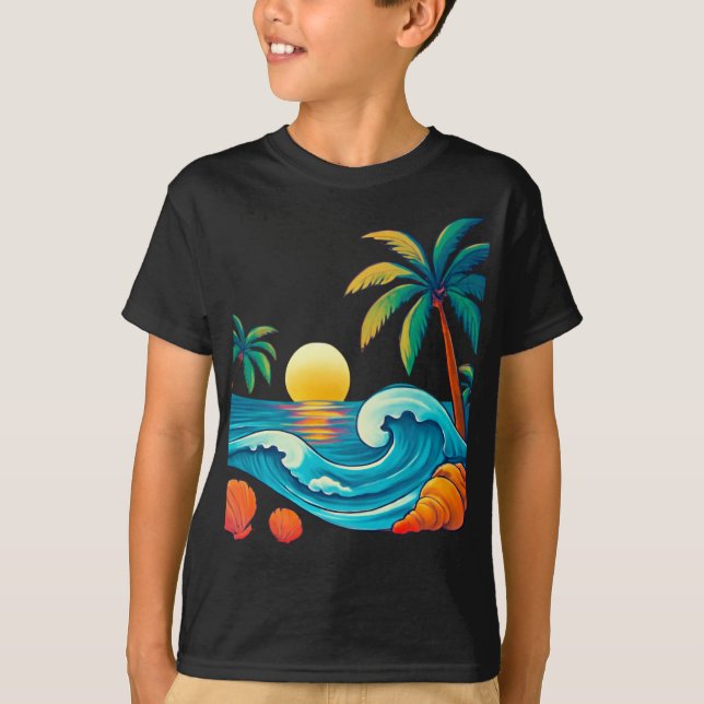 Camiseta Atardecer tropical con olas y palmeras (Anverso)