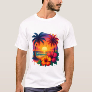 Camiseta Atardecer tropical con palmeras e hibiscus