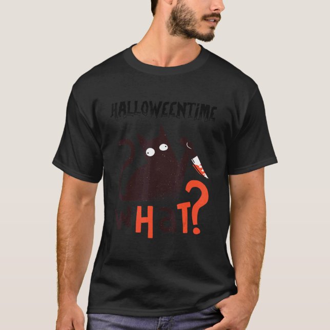 Camiseta Aterrador Gato Negro De Halloween Con Cuchillo (Anverso)