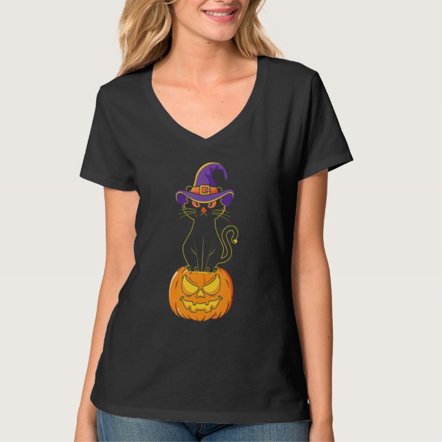 Camiseta Aterrador Halloween Negro Cat Vestido Gorra de Bru (Anverso)