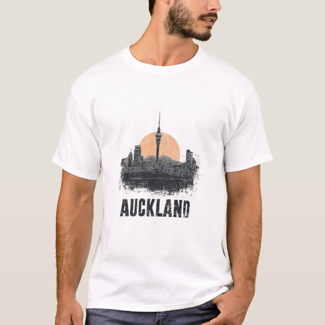 Camiseta Auckland New Zealand City Skyline Vintage Travel (Anverso)