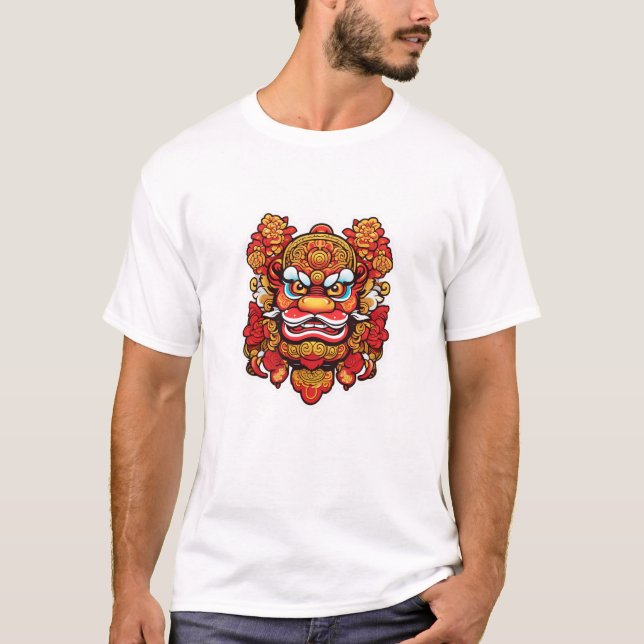 Camiseta Audaz arte de la máscara china de danza del león - (Anverso)