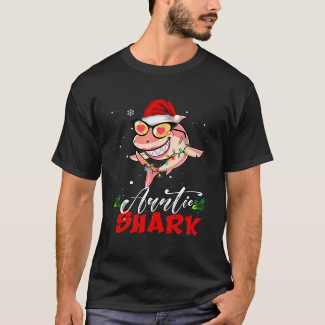 Camiseta Auntie Shark Santa Hat Ugly Christmas Lights Girl  (Anverso)