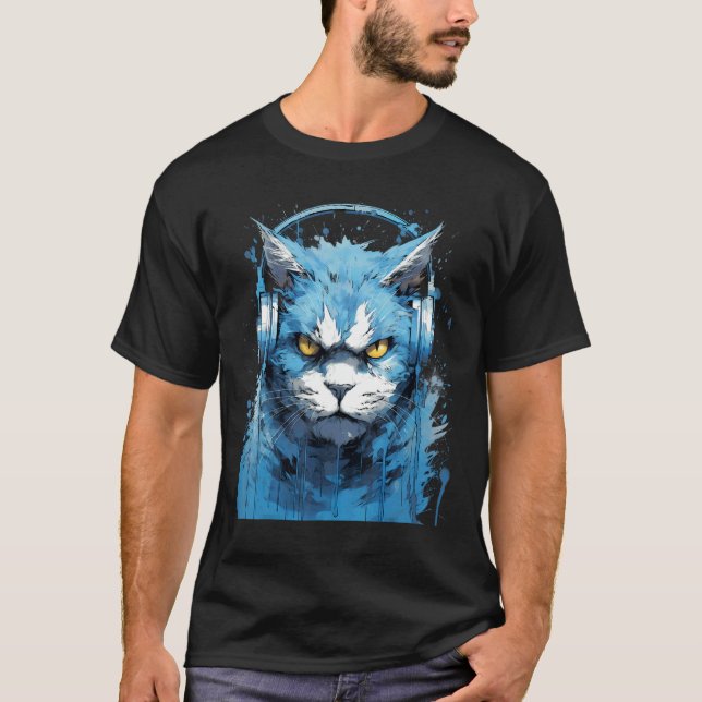 Camiseta Auricular Rave EDM Gato Enojado (Anverso)
