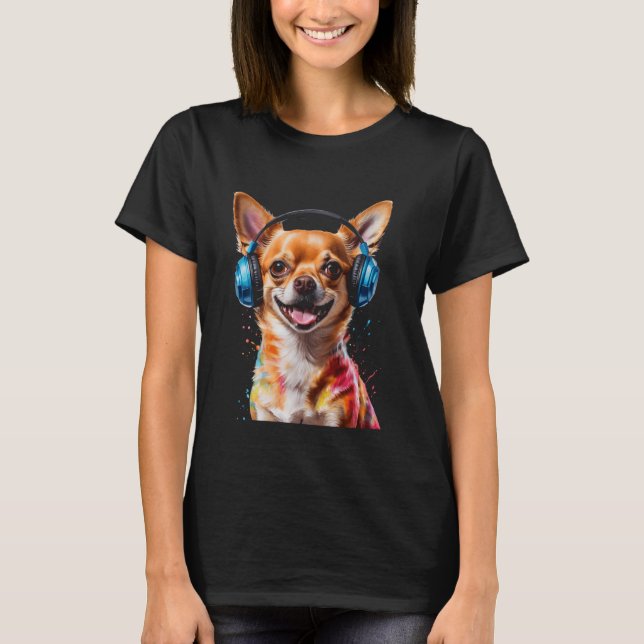 Camiseta Auriculares Chihuahua Perro Gracioso Arte Animal I (Anverso)