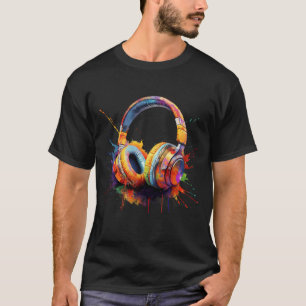Camiseta Auriculares coloridos Vibrante Música Art Splatter