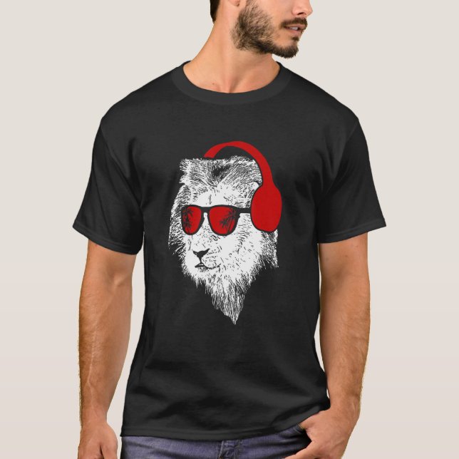 Camiseta Auriculares con gafas de sol de león fiesta música (Anverso)