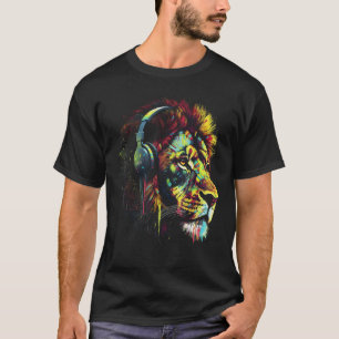 Camiseta Auriculares de león Música Colorido Zoológico Anim