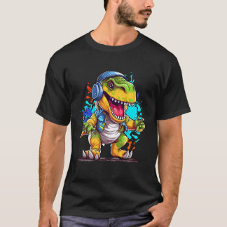 Camiseta Auriculares Dino Estética T Rex Dinosaur Dj Music