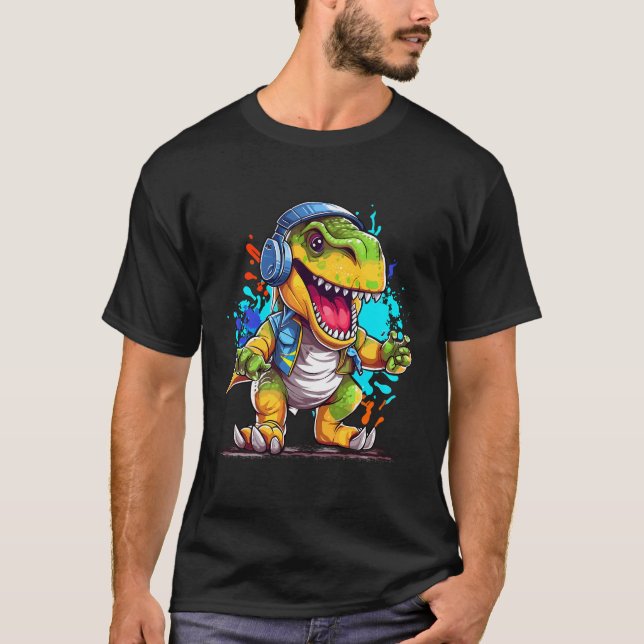 Camiseta Auriculares Dino Estética T Rex Dinosaur Dj Music (Anverso)