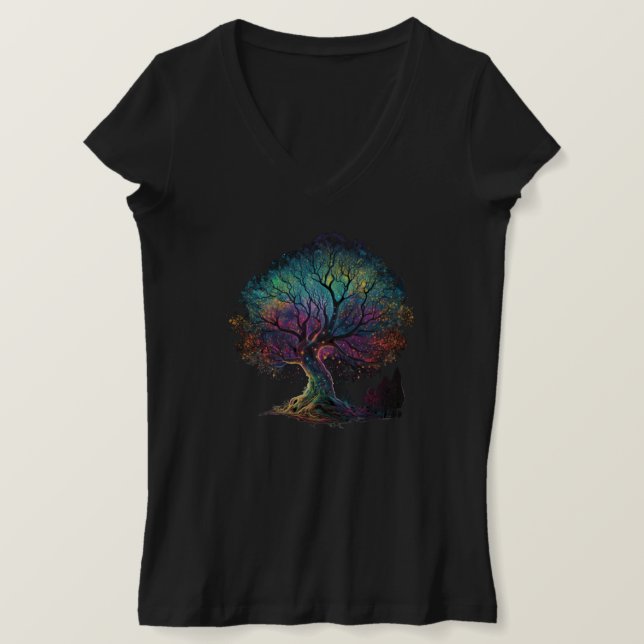 Camiseta Aurora Borealis Ilustracion de árbol iluminado T-S (Anverso del diseño)