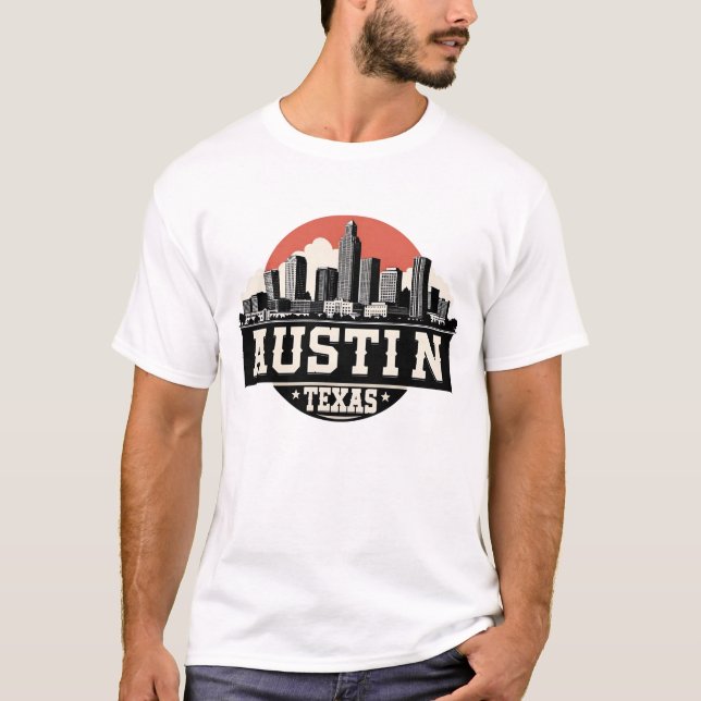 Camiseta Austin City Texas Skyline Retro Arte Blanco y Negr (Anverso)