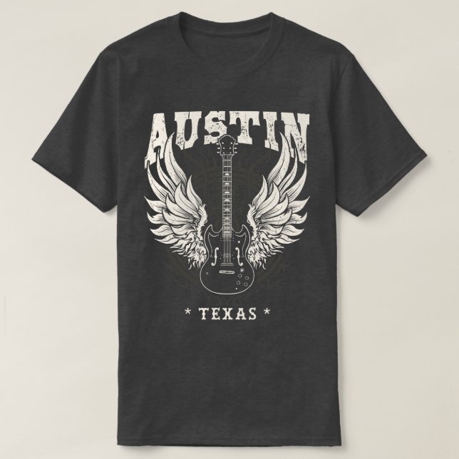 Camiseta Austin Texas Angustiado Guitar Angel Wings Music (Diseño del anverso)