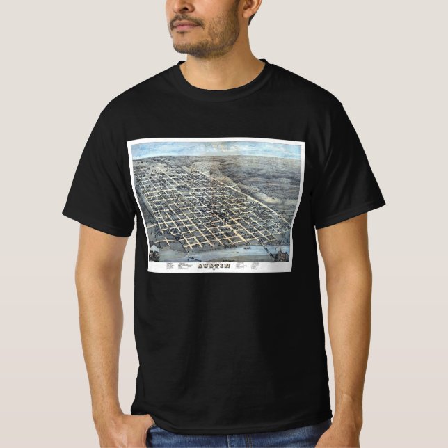 Camiseta Austin, Texas Antique Aerial City Map de 1873 (Anverso)
