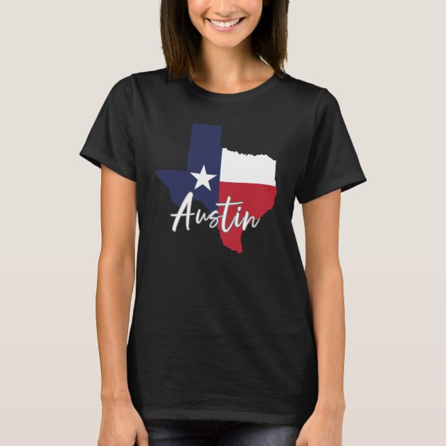 Camiseta Austin, Texas Flag Map Women's Black (Anverso)