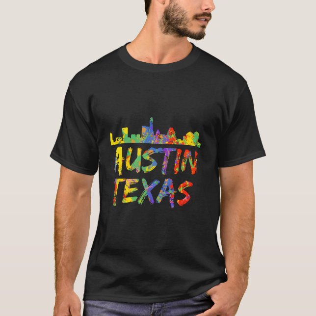 Camiseta Austin Texas Tx Skyline Paint Splash Hood (Anverso)