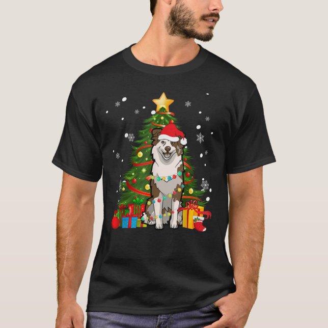 Camiseta Australian shepherd Santa Christmas Tree Light (Anverso)