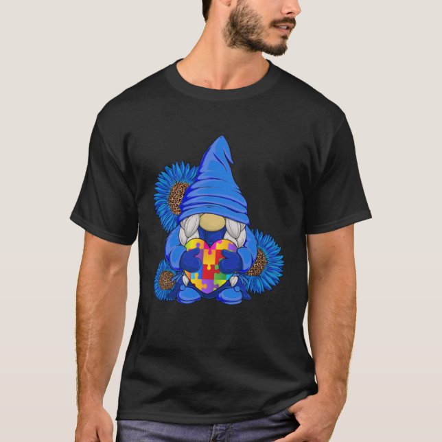 Camiseta Autism Awareness Blue Gnome with Leopard Sunflower (Anverso)