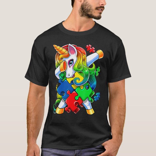 Camiseta Autism Awareness Dabbing Unicorn Puzzle Piece For  (Anverso)