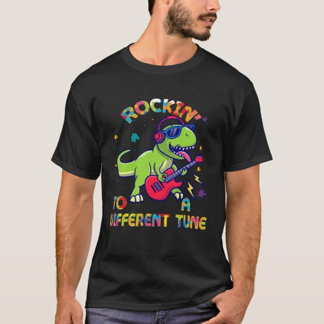 Camiseta Autism Awareness Dino Rex Rockin To Different Tune (Anverso)