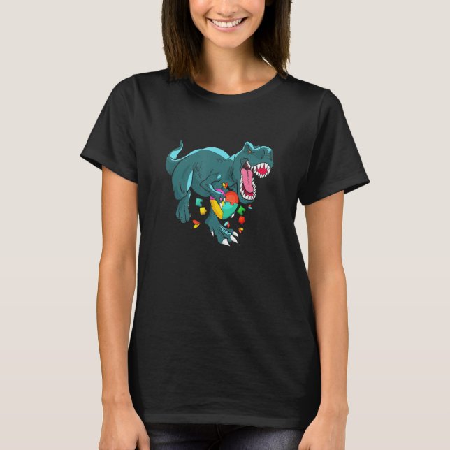 Camiseta Autism Awareness Dinosaur Rex Heart Puzzle Heart P (Anverso)