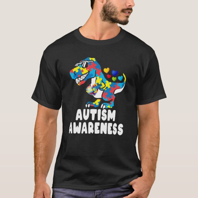 Camiseta Autism Awareness Dinosaur Rex Heart Puzzle Pieces  (Anverso)