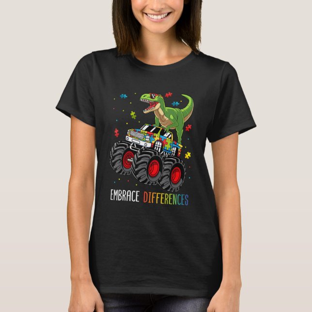 Camiseta Autism Awareness Dinosaur T-rex Monster Truck Boys (Anverso)
