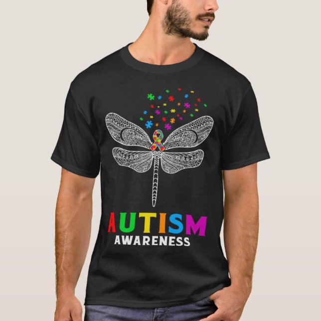 Camiseta Autism Awareness Dragonfly Puzzle Pieces Support A (Anverso)