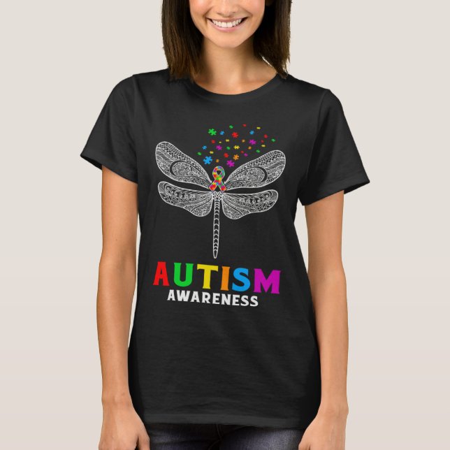 Camiseta Autism Awareness Dragonfly Puzzle Pieces Support A (Anverso)