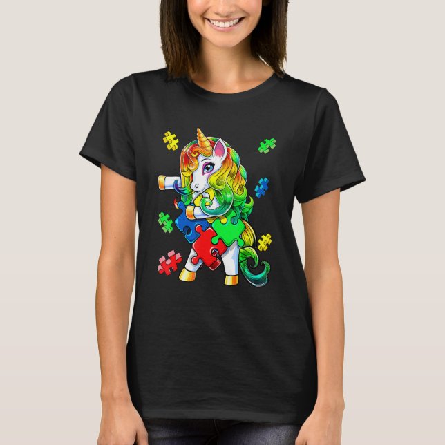 Camiseta Autism Awareness Flossing Unicorn Puzzle Piece (Anverso)