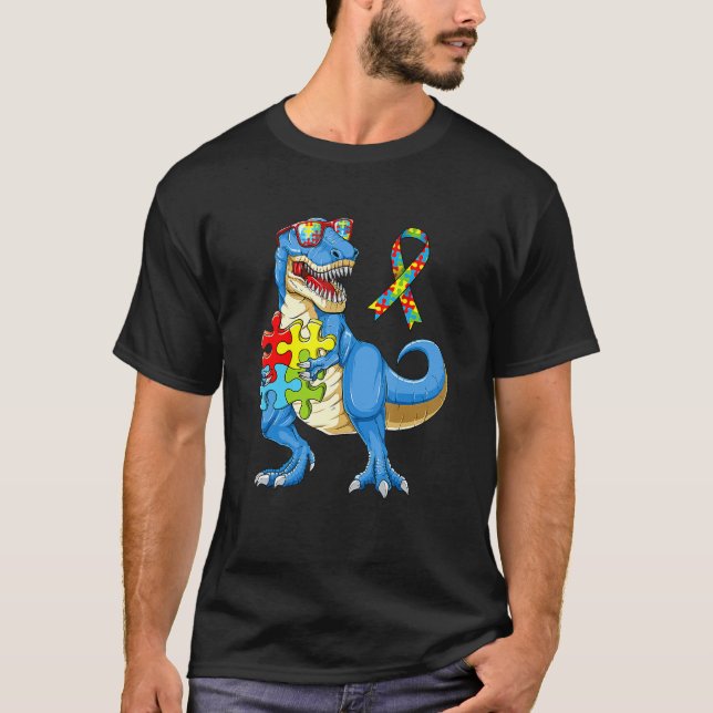 Camiseta Autism Awareness  For Kids Puzzle Pieces Dinosaur  (Anverso)