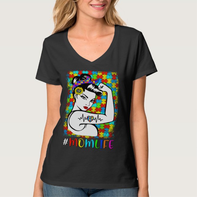 Camiseta Autism Awareness MOM LIFE Warrior Autistic Mother  (Anverso)